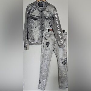 Smoke Rise Denim Jacket (LG) & Jeans 34x34 Combo Distressed Cross & Eternity Hat